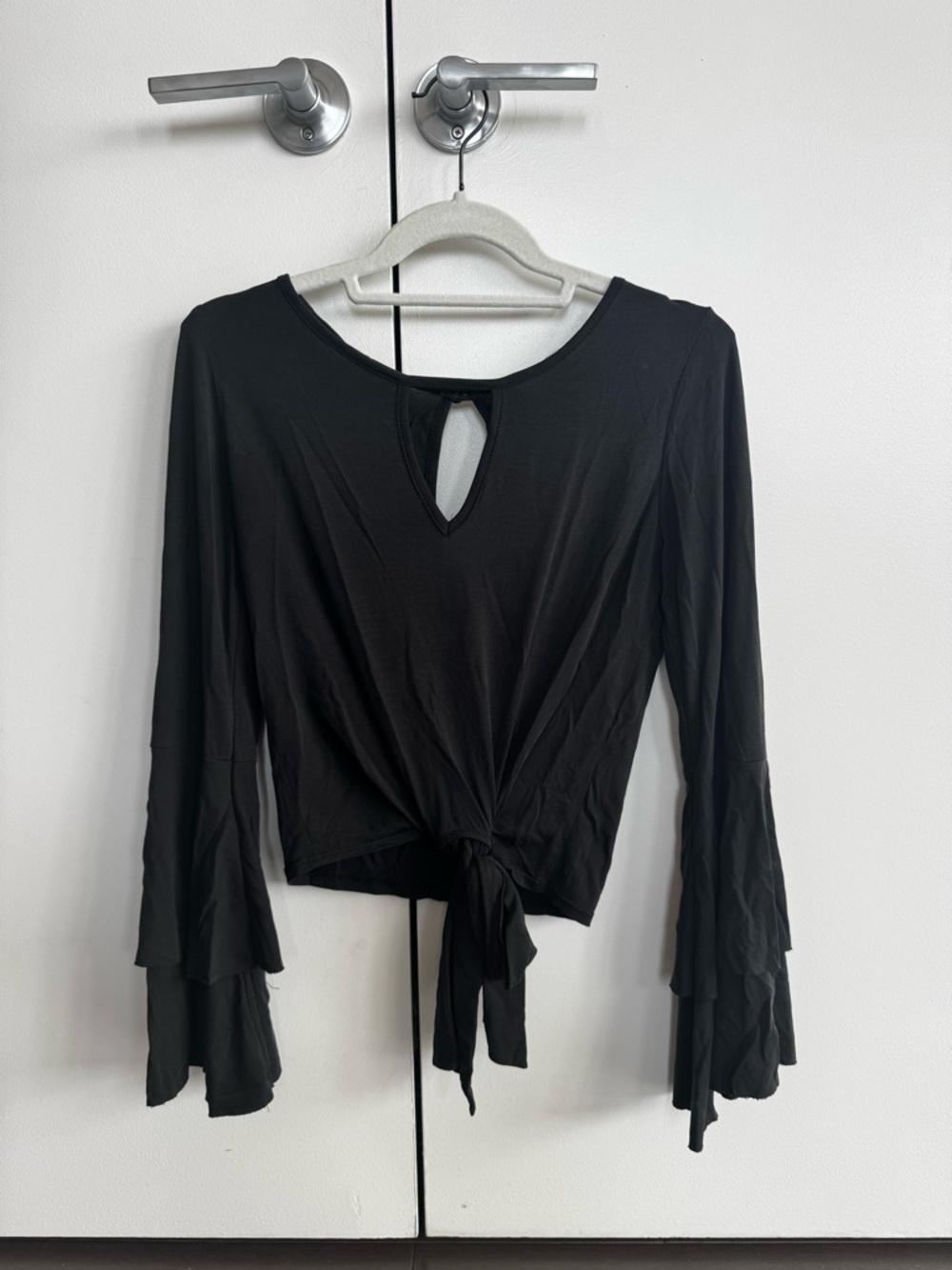 Vintage Havana Black Tie-Front Bell Sleeve Top
